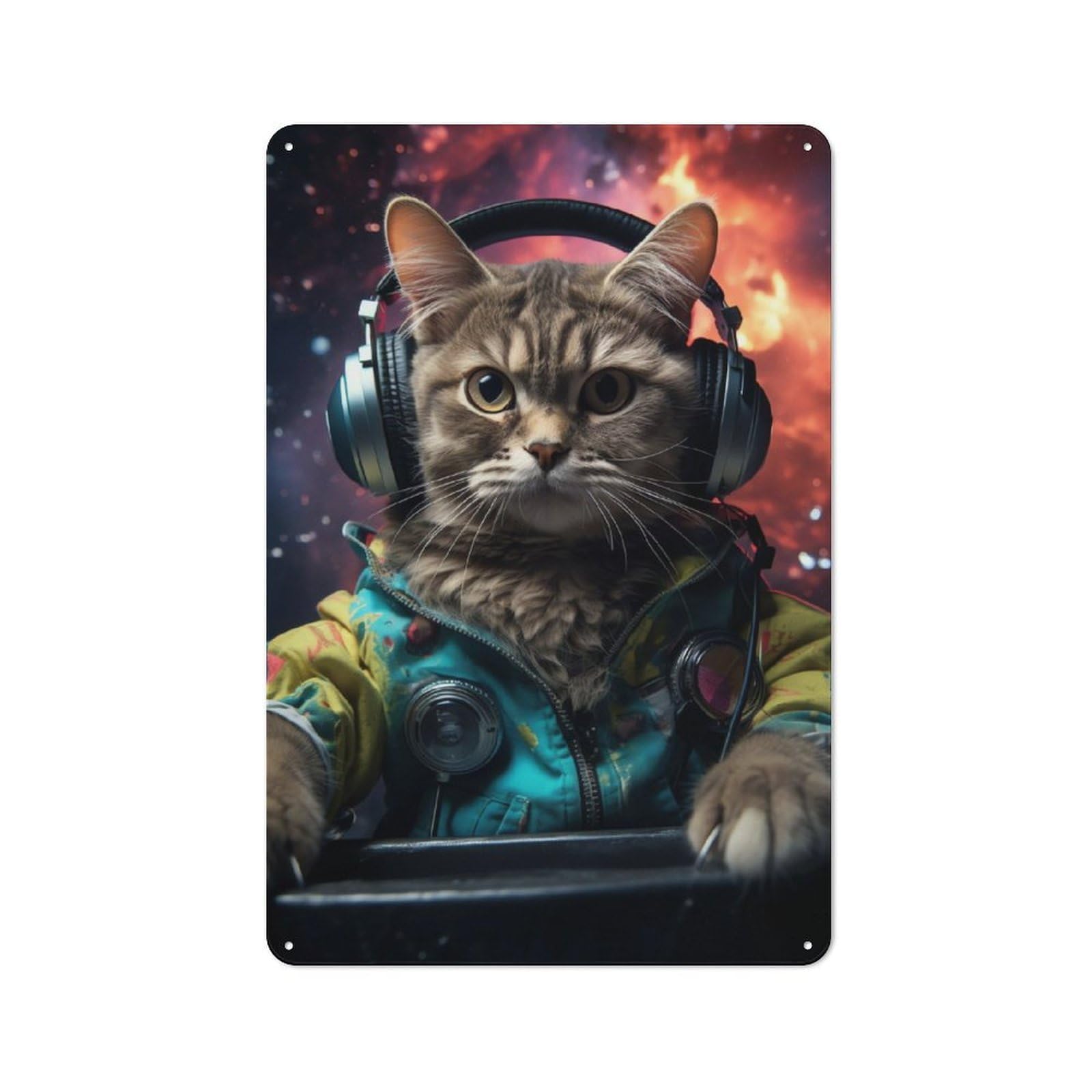 Metal Sign 30x20cm with Cosmos Kitten DJ for Pub Or Café, Vintage Decor, New Home Wall Decor for Pub Decor Enthusiasts