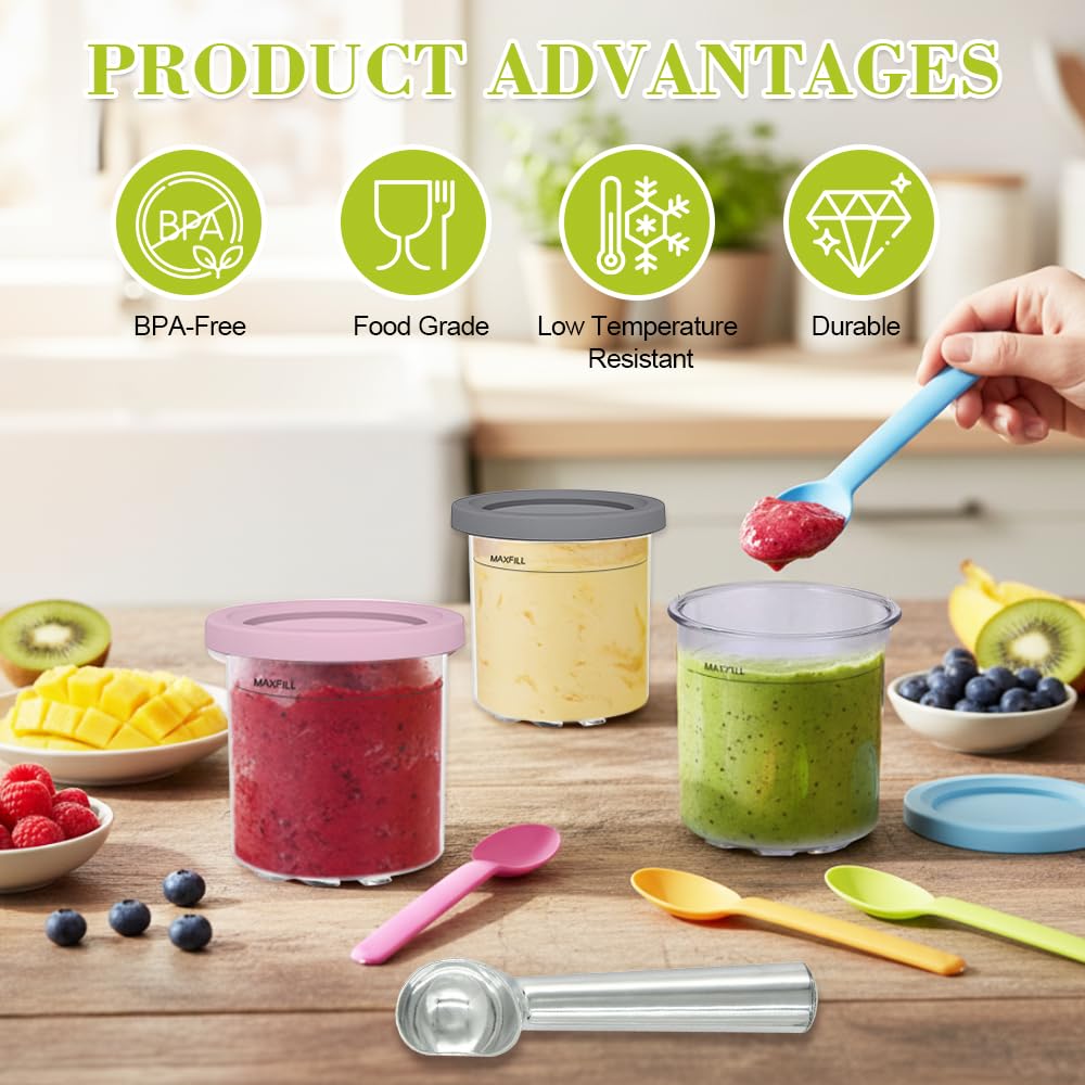 4 PCS Contenitori per Gelato per Ninja Creami 450 ML,Tazza per Gelato con Cucchiaio e 4 Cucchiaini di Plastica,Vaschetta Gelato per Macchina Gelato per Gelatiera Ninja NC299AMZ, C300s - 4 colori