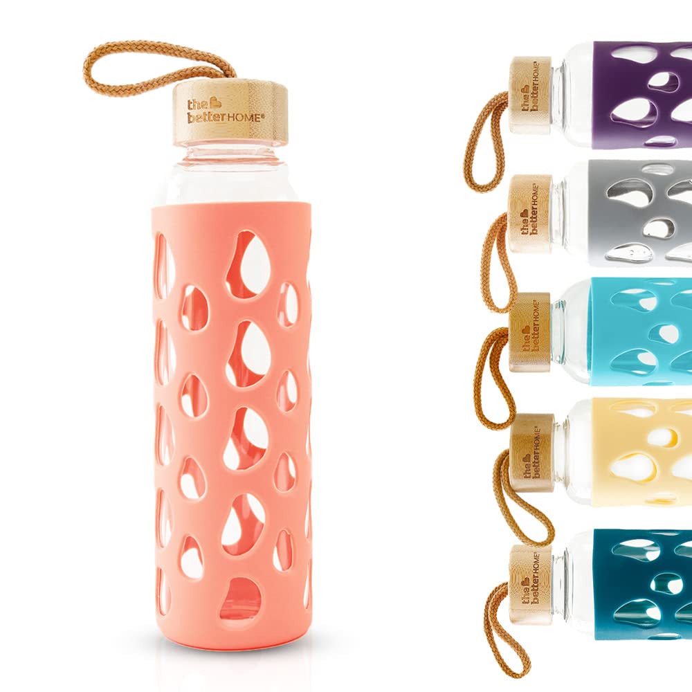 The Better Home Borosilicate Glass Water Bottle with Sleeve (550ml) | Non Slip Silicon Sleeve & Bamboo Lid | Water Bottles for Fridge (1Pcs - Coral)