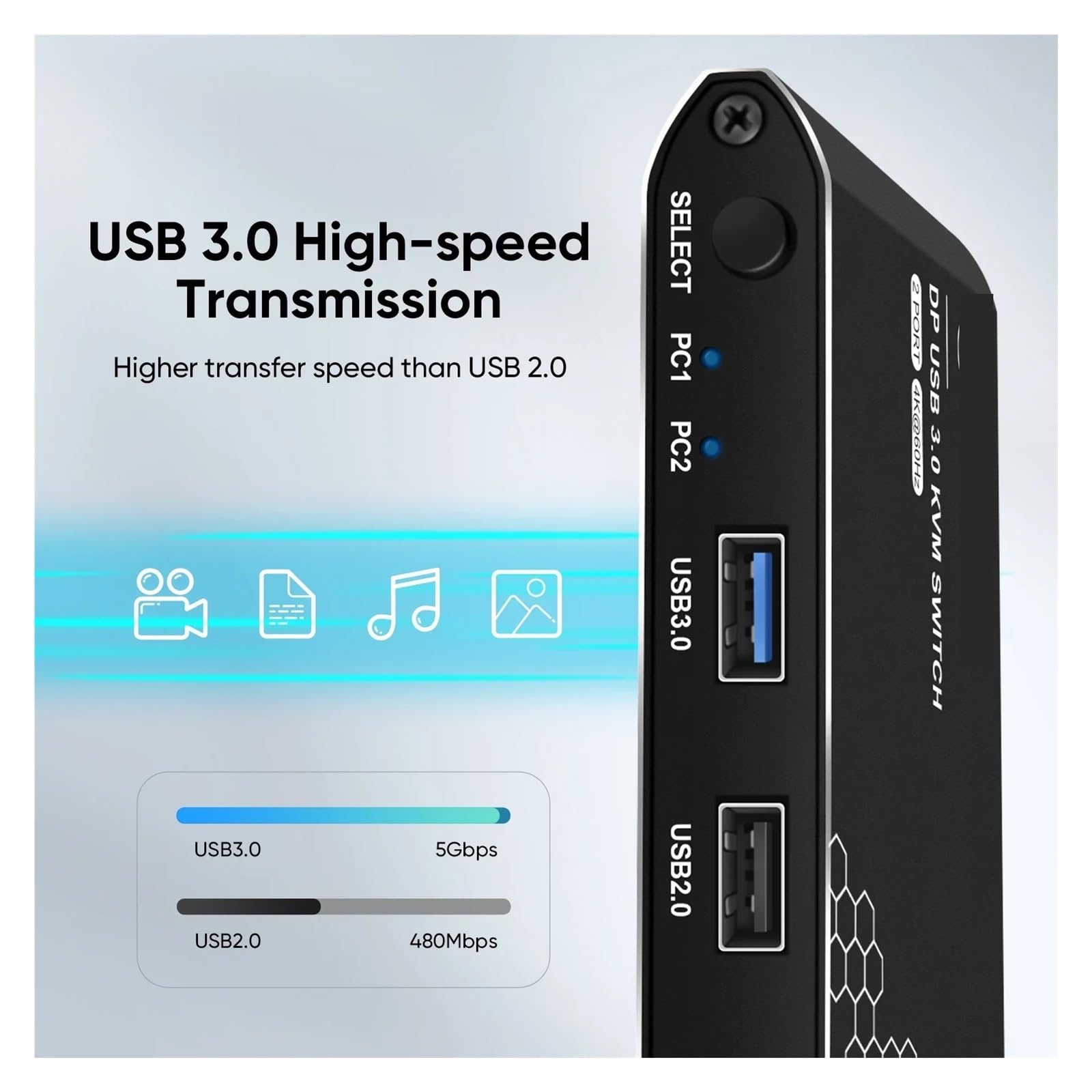 Przełącznik Wideo, Przełącznik KVM, 2 porty, rozdzielczość 4K przy 60 Hz, umożliwiający współdzielenie jednego lub dwóch monitorów przez dwa komputery, w zestawie kable HDCP 2.2 i USB
