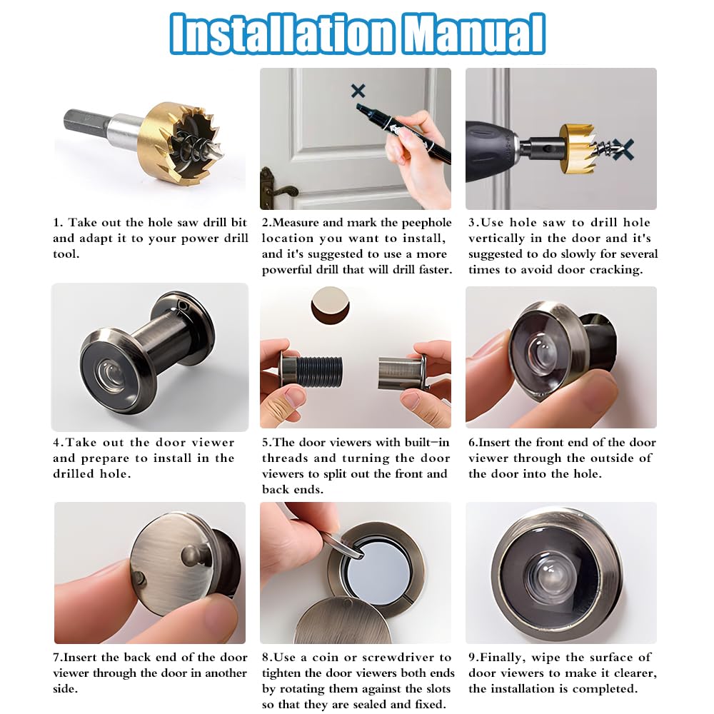 Tahikem Door Viewer Peephole, Door Viewers with 0.63inch/16mm Drill Bit Kit, Fits 1-3/8" To 2-1/4" Front Door - Image 3