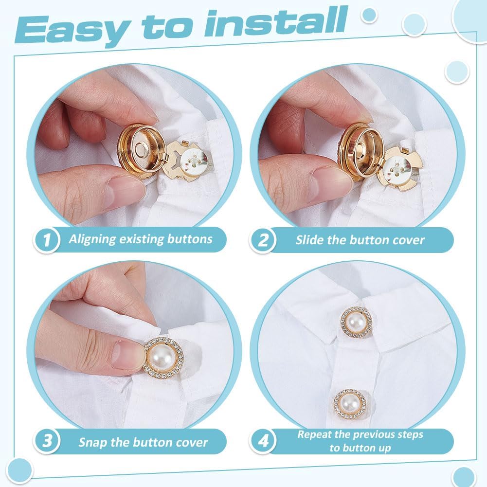 8Pcs Pearl Rhinestone Button Covers Alloy Flat Round White Button Cover Cufflinks with 20Pcs Plastic Buttons No Sewing Sleeve Clothing Buttons Clips for Birthday Christmas Wedding Gifts