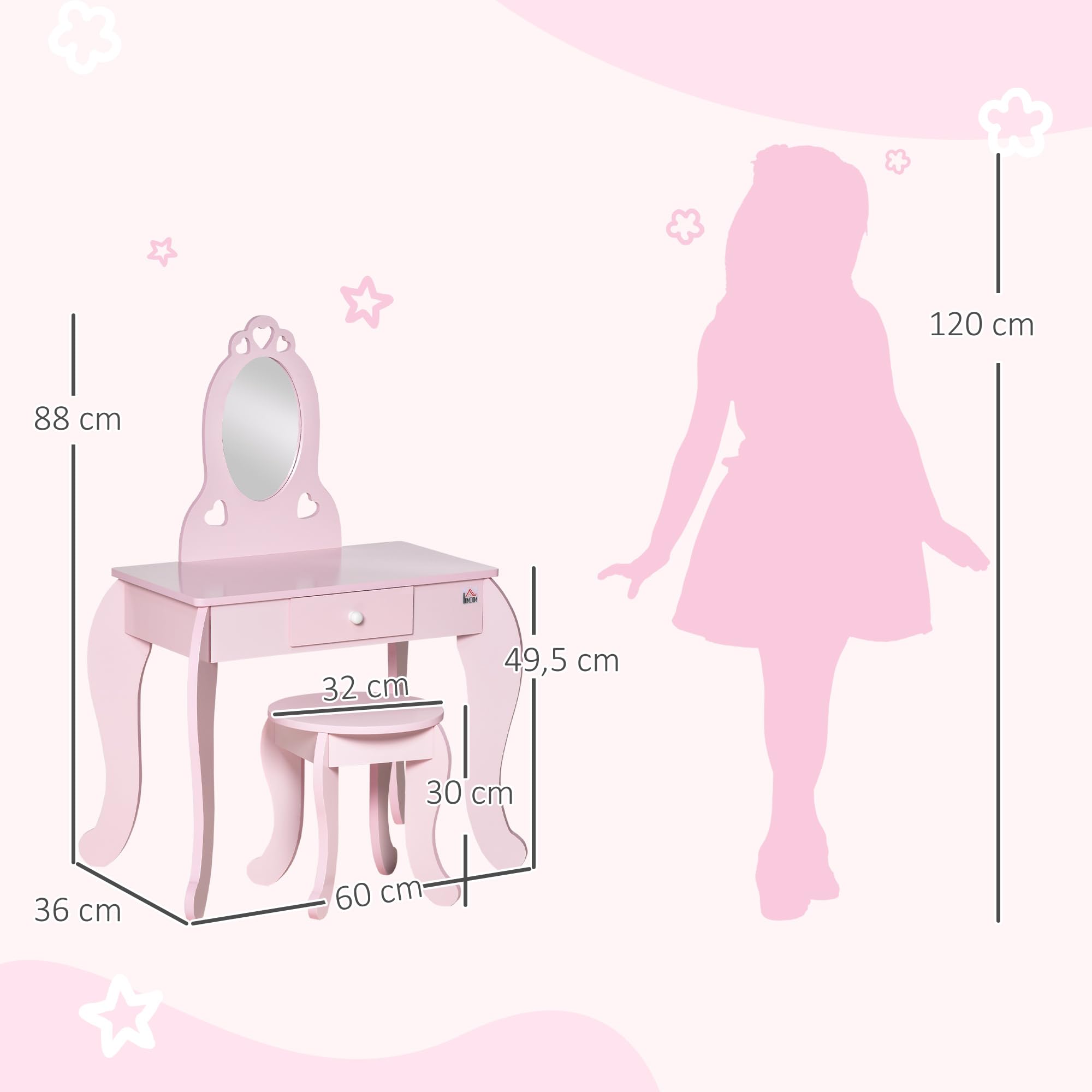 HOMCOM Coiffeuse Enfant Design Girly avec Motifs à Coeur - Tabouret Inclus - dim. 60L x 36l x 88H cm - tiroir, Miroir - MDF - Rose