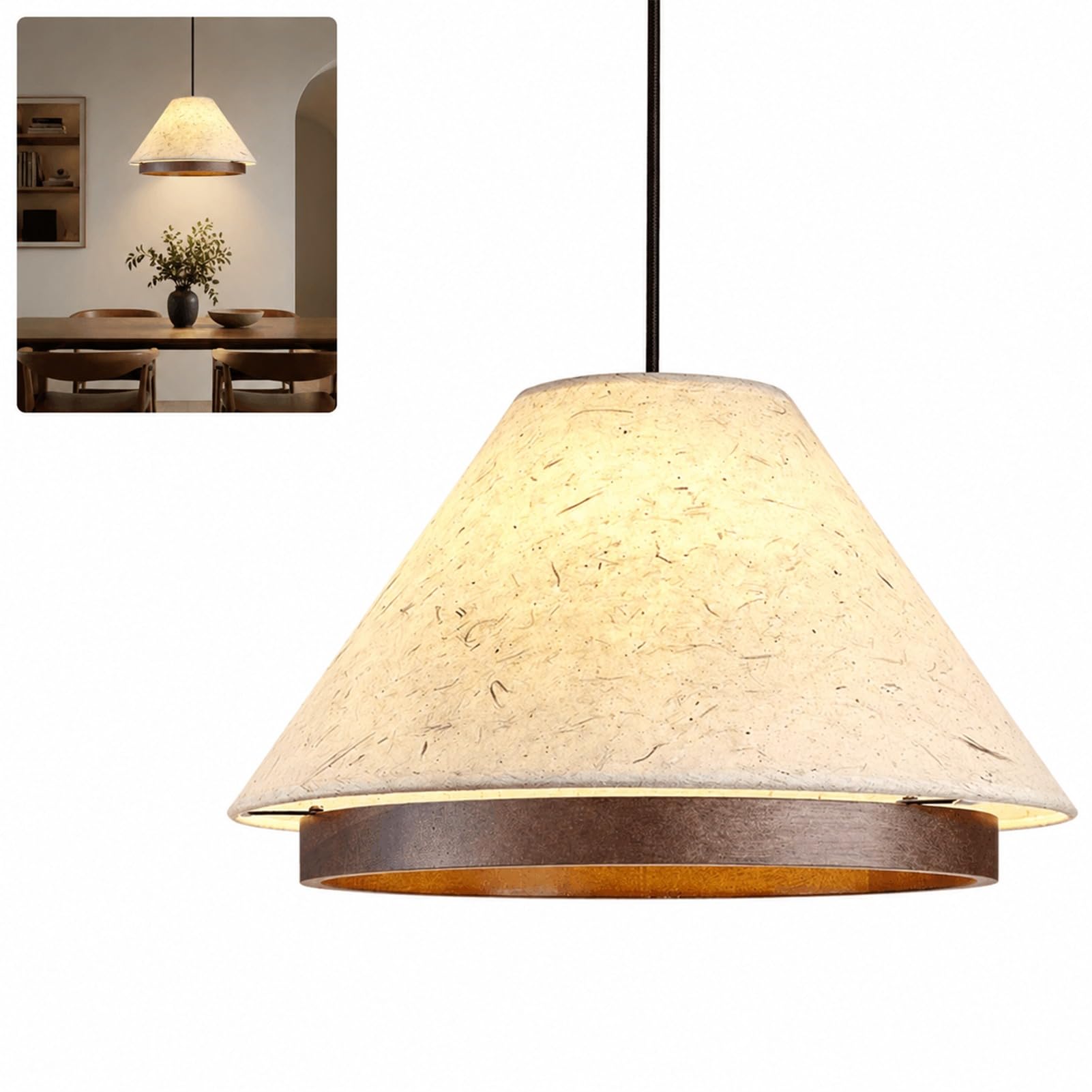 GnathicHOME Ancient Handmade Rice Paper Solid Wood Japanese Restaurant Chandelier Chinese Dining Table Bar Teahouse Lamp Middle (Beige,58cm)