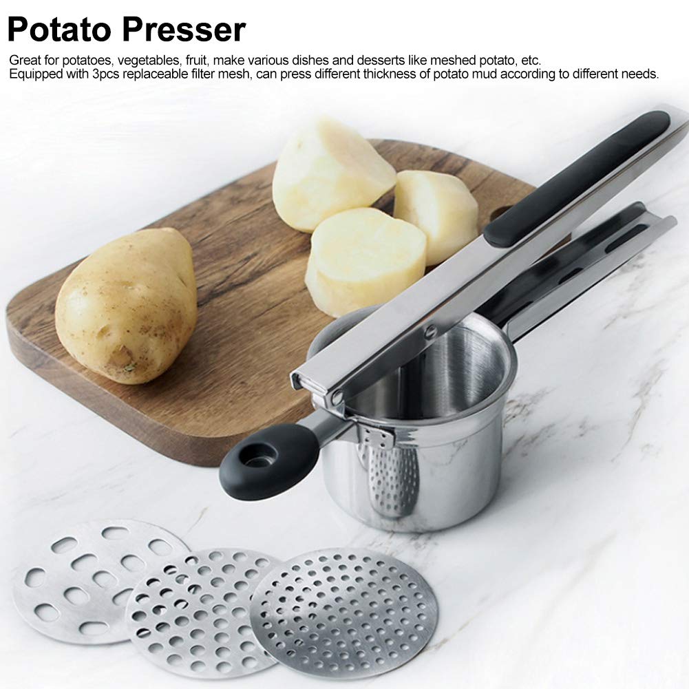 Prensador de Patatas Desmontable,Prensador de Patatas de Acero Inoxidable de Grado Alimenticio Duradero con Malla de Filtro Reemplazable de 3 Piezas,para Patatas,Verduras,Frutas