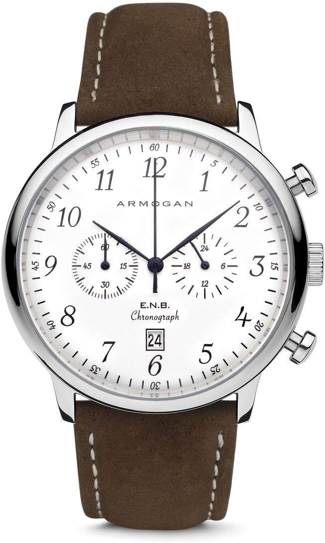 Armogan E.N.B - Silvered Whited C81 - Men's Chronograph Watch Brown Suede Leather Strap