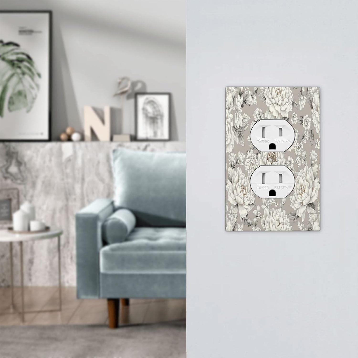 White Poppies Floral Modern Grey Peonies Flowers Outlet Covers 1 Gang Duplex Light Switch Cover Wall Plate Decorative Switch Plates Electrical Receptacle Faceplate for Bedroom Bathroom