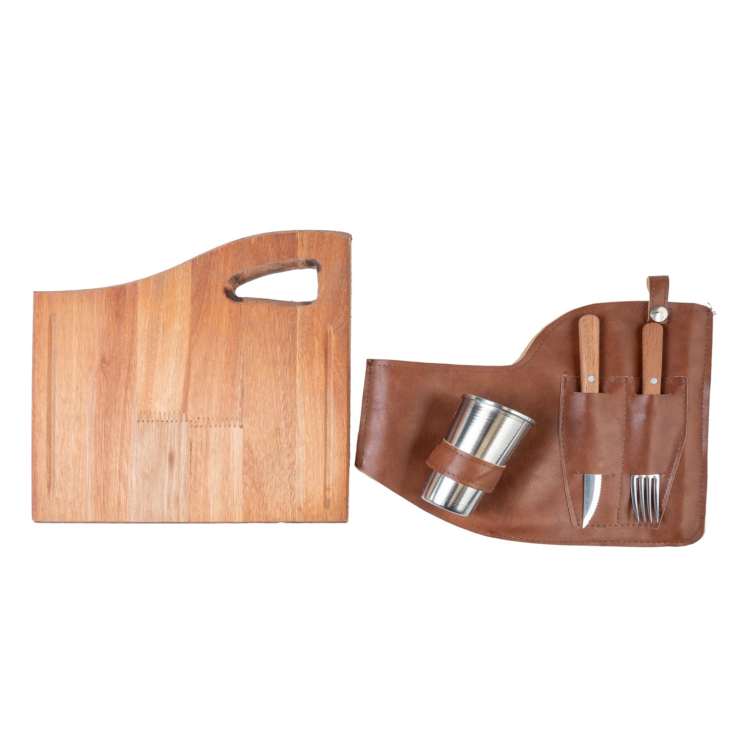 Set Asado Barbacoa Premium con Tabla Madera Vaso Cuchillo Tenedor Artesanal Argentino