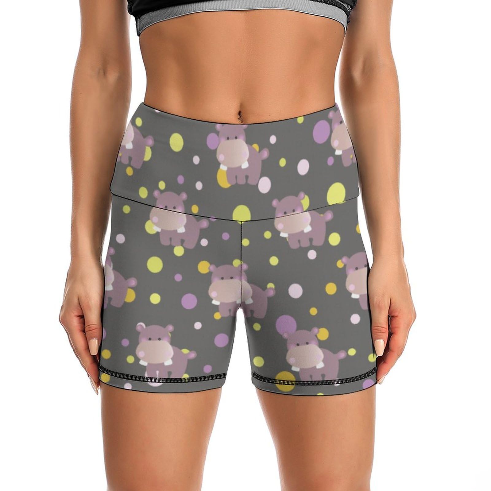 JYYAU Cute Cartoon Hippo Pattern High Waist Yoga Shorts for Women Athletic Shorts Leggings Running Pants Black
