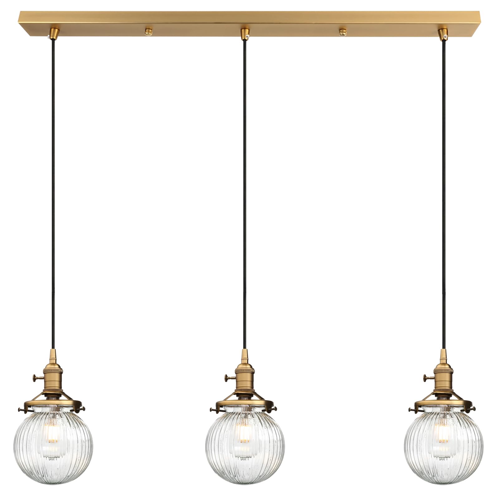 Yosoan Industrial Glass 3 Pendant Lights, 3 Heads Hanging Ceiling Lights with Ribbed Lampshade for Dining Room Kitched Living Room