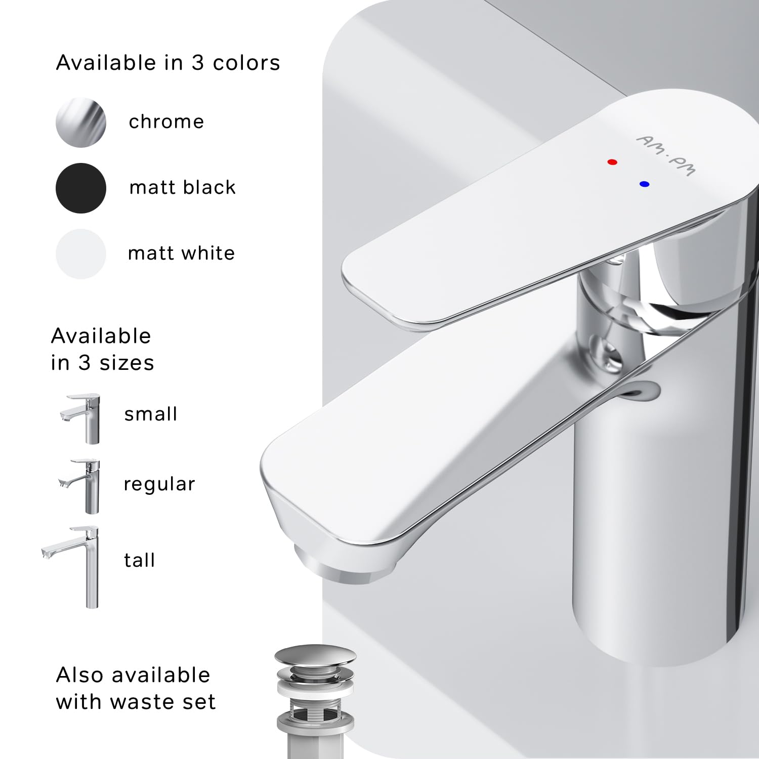 AM.PM Hit FTA02200,Grifo de lavabo con mezclador monomando, cartucho de cerámica SoftMotion, Aerator, resistente a los arañazos, en 2 alturas de caña: 102 mm o 193 mm, 5 años de garantía
