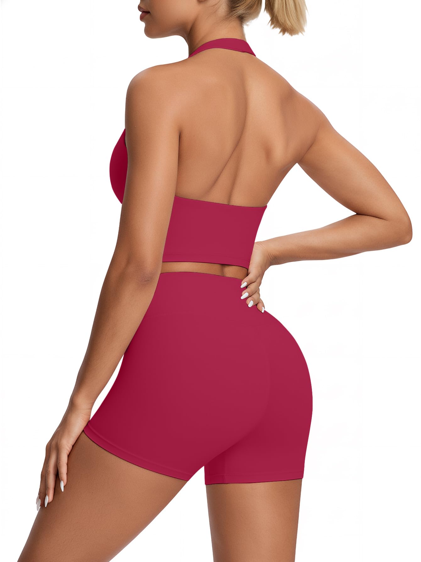 Photo 1 of 2 Piece Workout Sets for Women Halter Neck Sports Bra High Waisted Biker Shorts Backless No Front Seam Butt Lifting Outfit