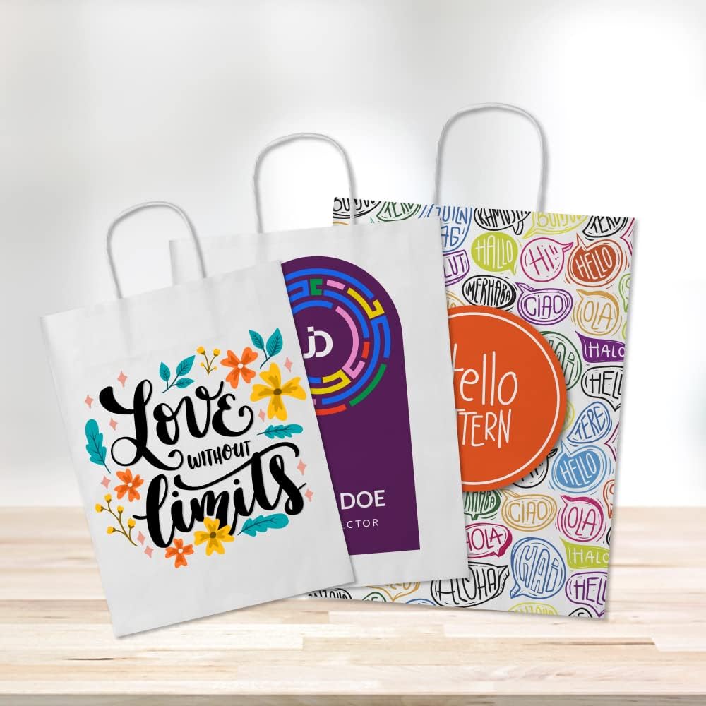 100 Bolsas papel kraft personalizadas bolsas de papel con asas bolsa de papel personalizable con el logo de tu negocio muy resistentes (Blanco, 18x8x24)