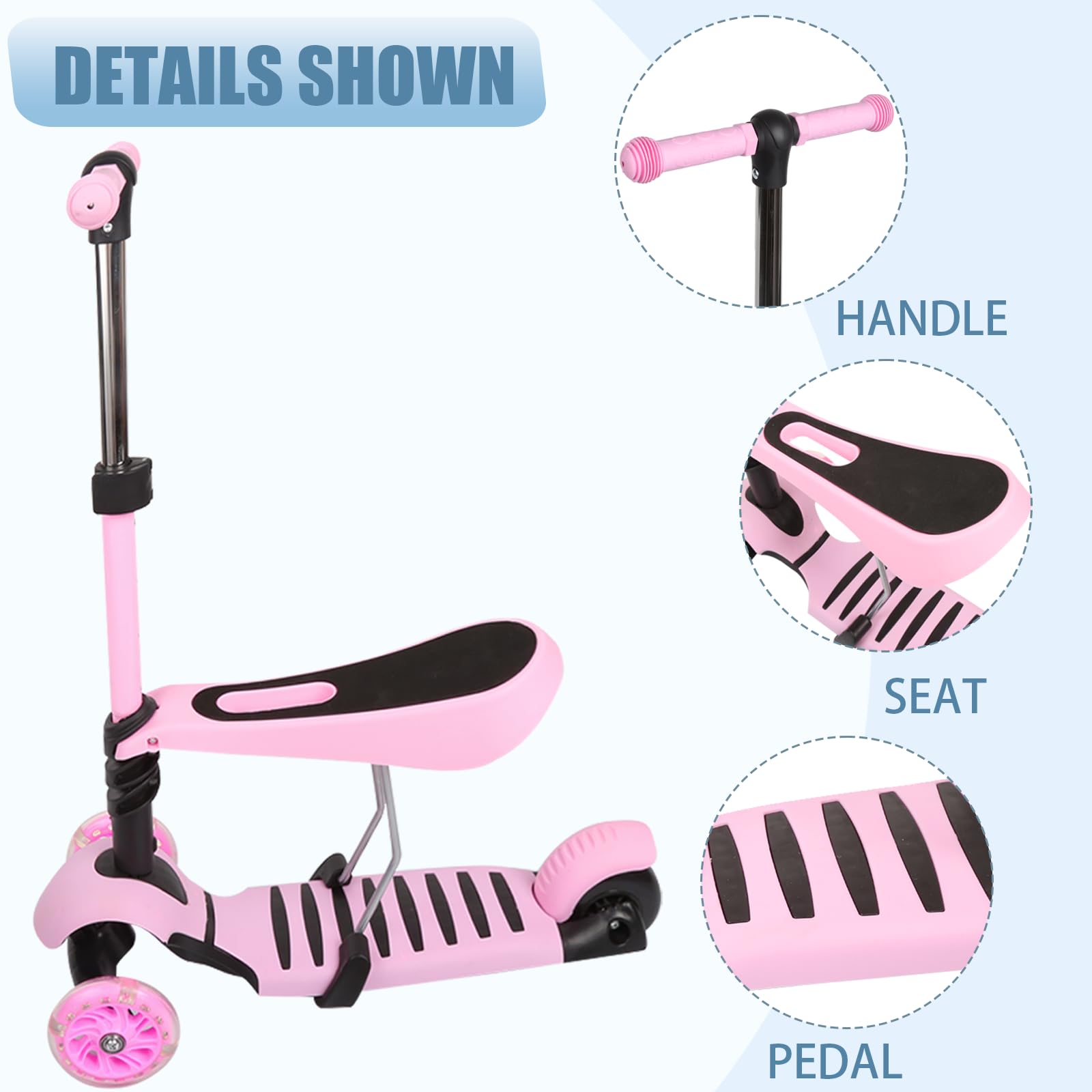 Patinete infantil 3 en 1 con asiento – Draisienne y patinete de 3 ruedas, montaje fácil, altura ajustable, LED ruedas, bandeja antideslizante – para niña/niño de 2 a 8 años