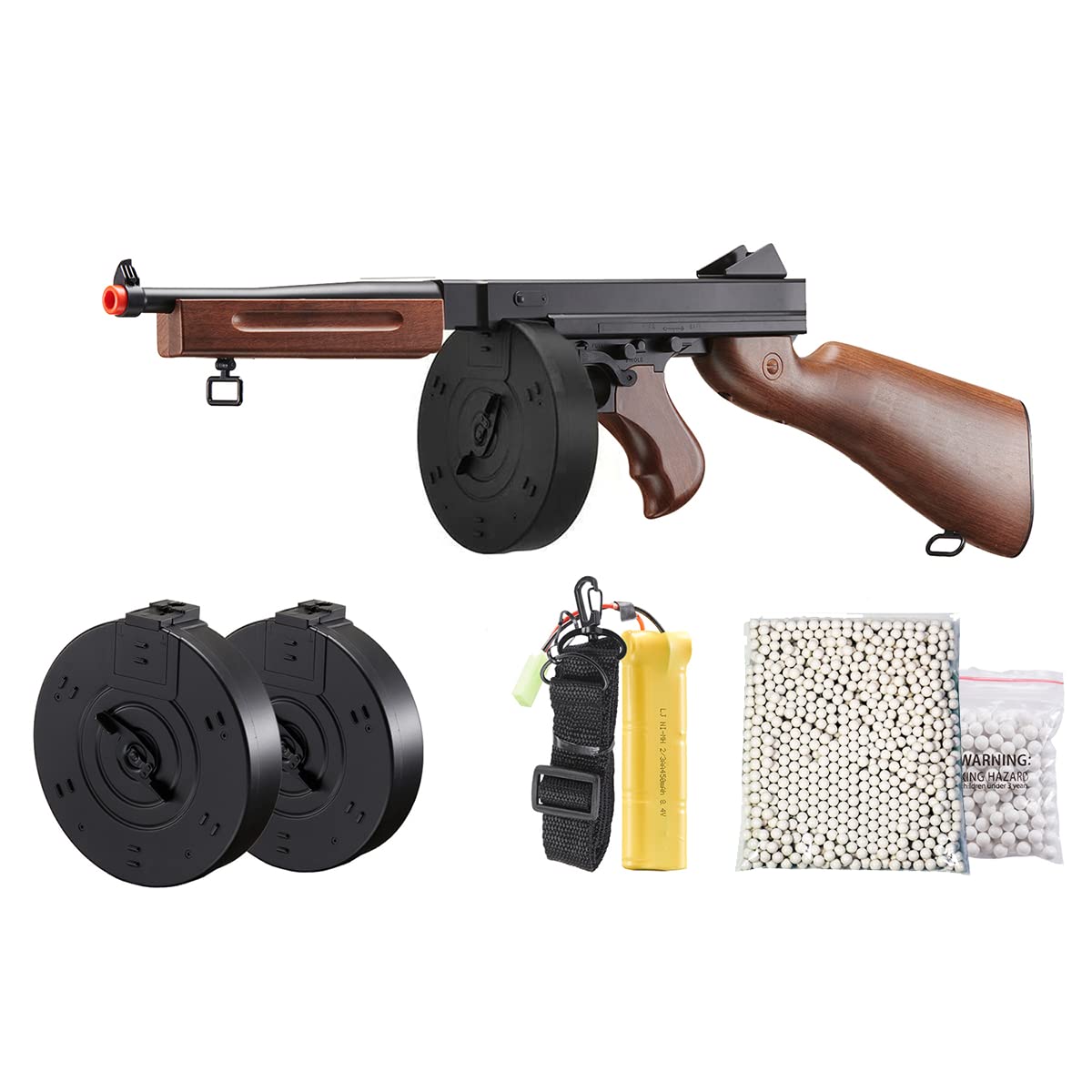 Airsoft Submachine Gun WW2 Chicago Typewriter M1A1 Full Auto Electric SMG AEG with Extra Drum Magazines, Battery and Charger