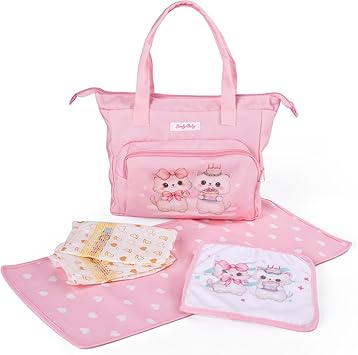 BABESIDE 5 Pcs Baby Doll Diaper Bag Set, Cute Cat Patterns Baby Doll Accessories with Pink Dolls Diaper Bag Changing Pad and Dolls Towel, Pretend Play Toys for Toddler Girls