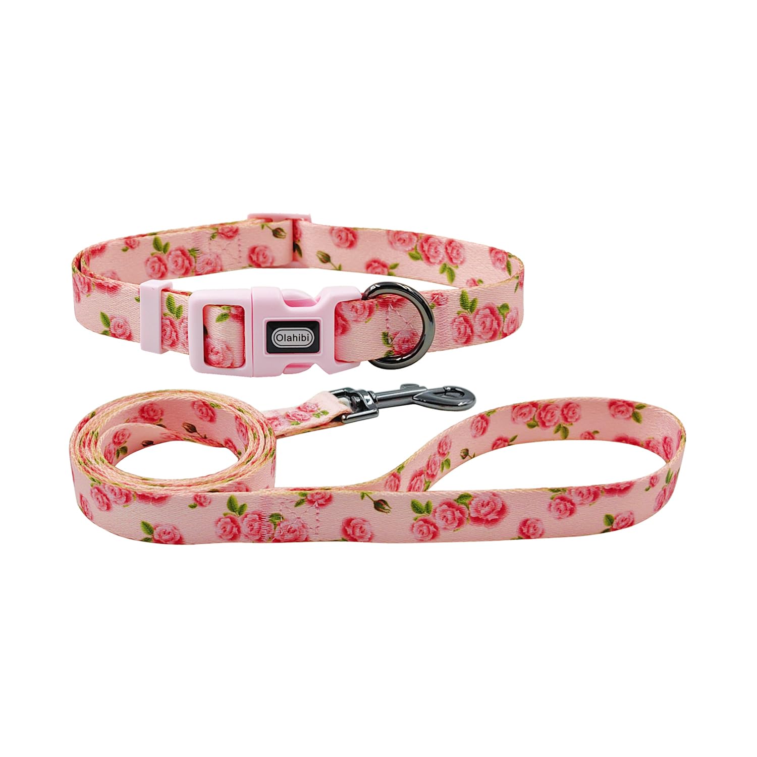 Olahibi Dog Collar and Leash Combo Set, Floral Pattern, Polyester Material, 150CM Matching Leash, for Small Dogs.(S, Pink Rose)