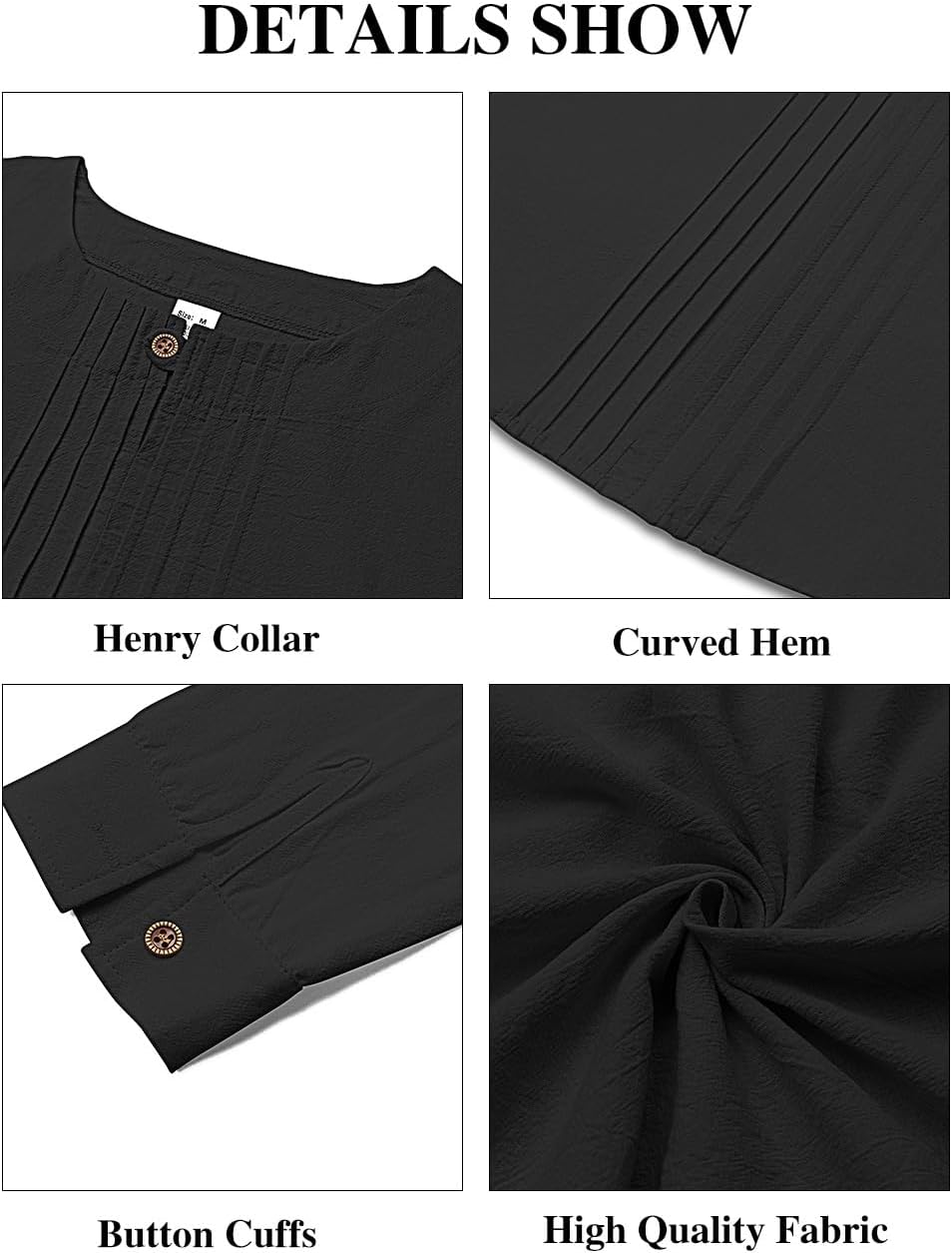 Men's Linen Shirts Casual Long Sleeve Pleated Front T-Shirt Button Henley Collared Loose Lightweight Pullover Top - Image 6