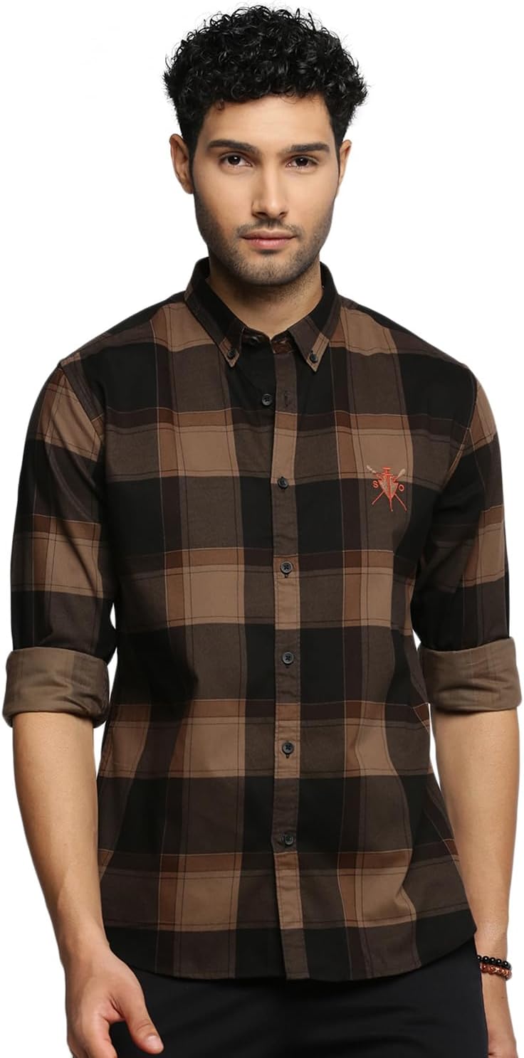 SHOWOFF Men's Long Sleeves Spread Collar Tartan Checks Brown Slim Fit Shirt -Cleon-1781_Brown