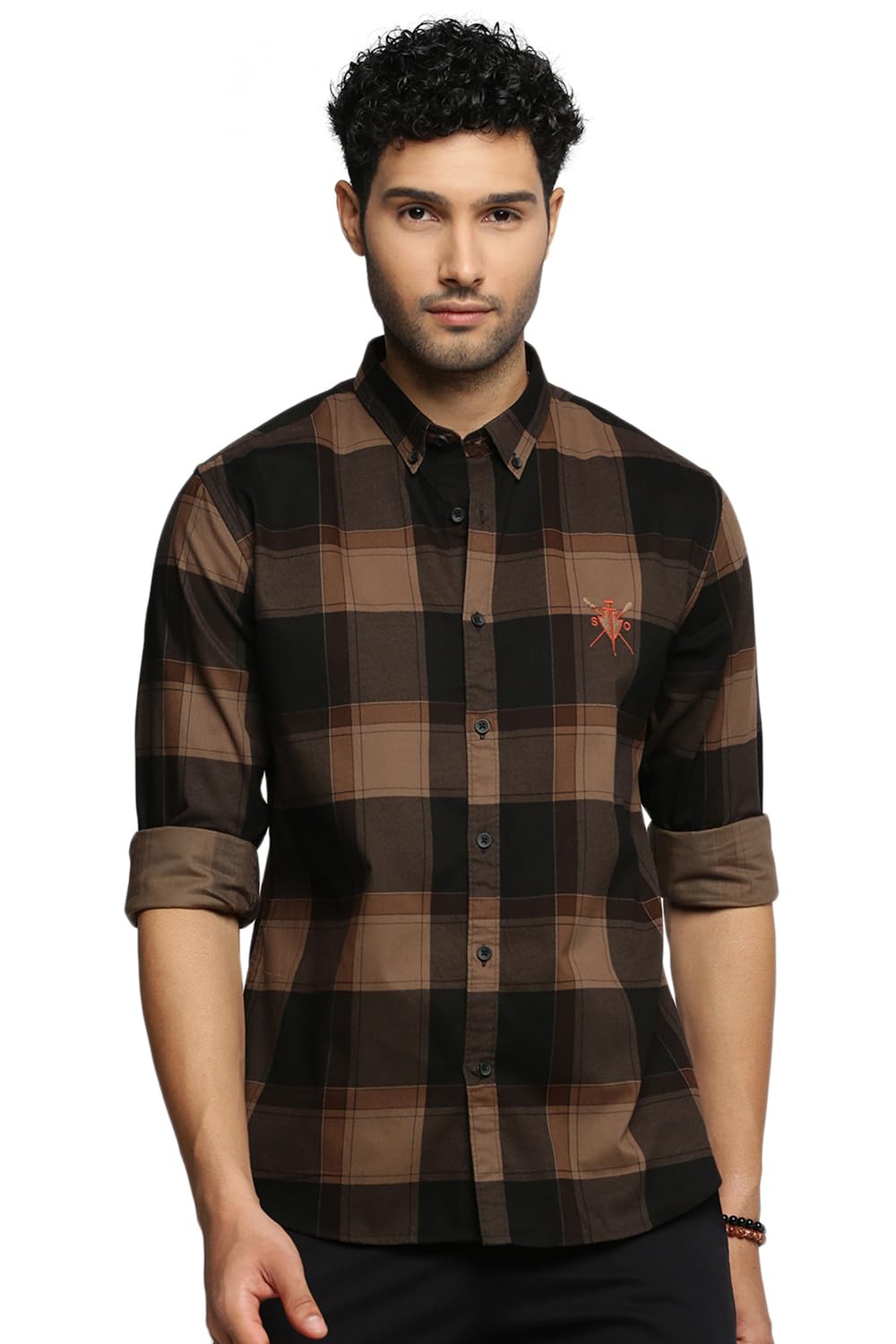 SHOWOFF Men's Long Sleeves Spread Collar Tartan Checks Brown Slim Fit Shirt -Cleon-1781_Brown