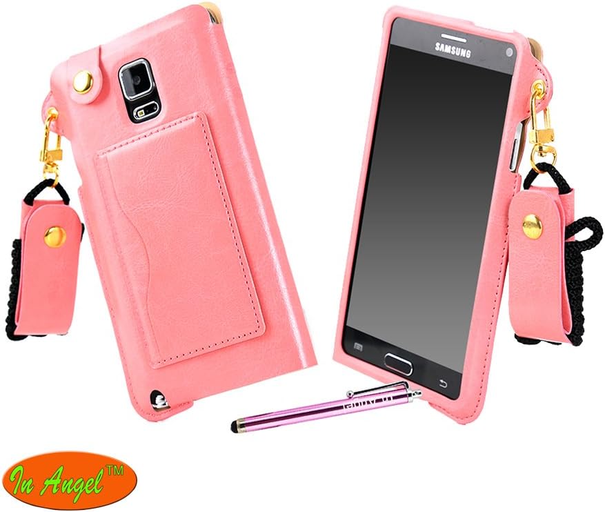 In Angel Note 4 Case, Galaxy Note 4 Case Case Simple Pouch Style Cover Pure Color Pu Leather Long Strap with Kickstand Backside Credit Card Slot Holder for Samsung Note 4 Pink