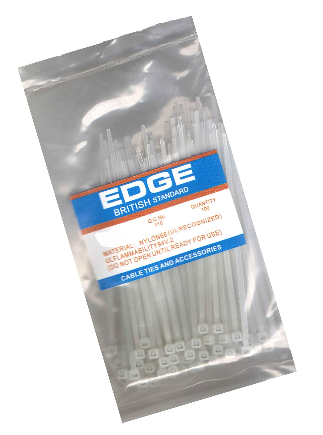 Edge Cable Ties, British Standard, Nylon66, Pack of 100 (White, 100X2.5MM)