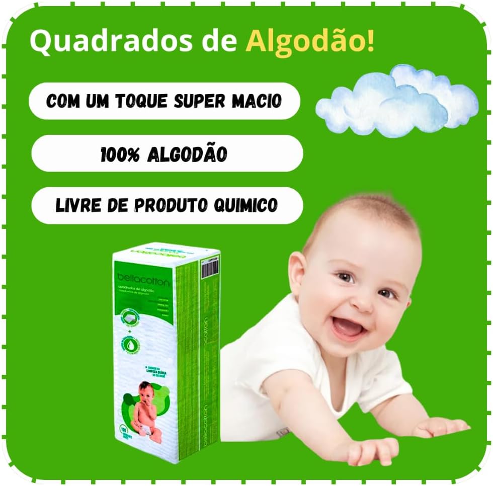 Algodão Bellacotton Quadrado Bebê Sem Perfume 300 Unidades