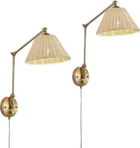Juego de 2 apliques de pared de ratán tejidos a mano con brazo oscilante regulable, para interiores, vintage, para dormitorio, sala de estar, mesita