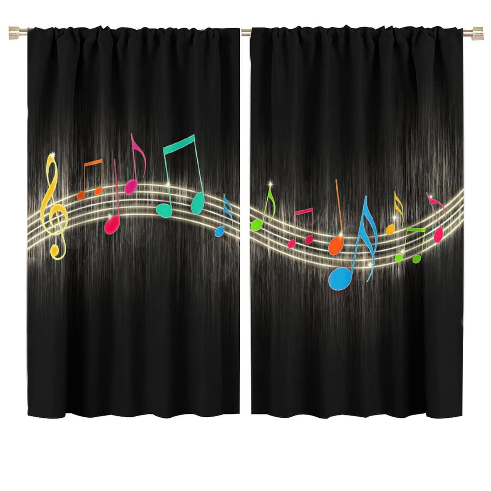 Music Window Curtain,Colorful Music Note Black Background Window Treatments Curtains for Teens Boys Bedroom Living Room Blackout Drapes W72xL63in