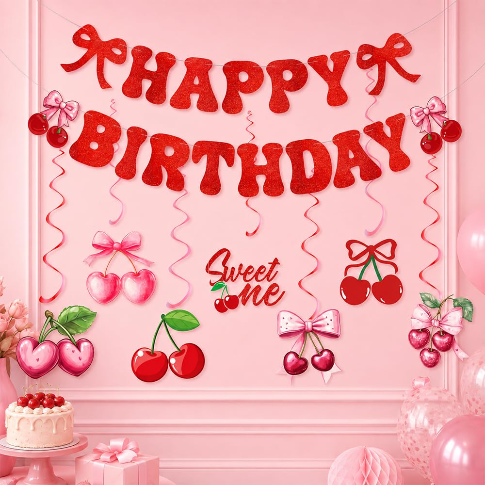 8Pcs Cherry Happy Birthday Banner Set for Birthday Baby Shower Supplies
