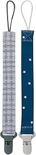 Nuby Pacifinder Pacifier Clip, 2 Pack Pacifier Holder for Boy, Gray Plaid and Blue Stars