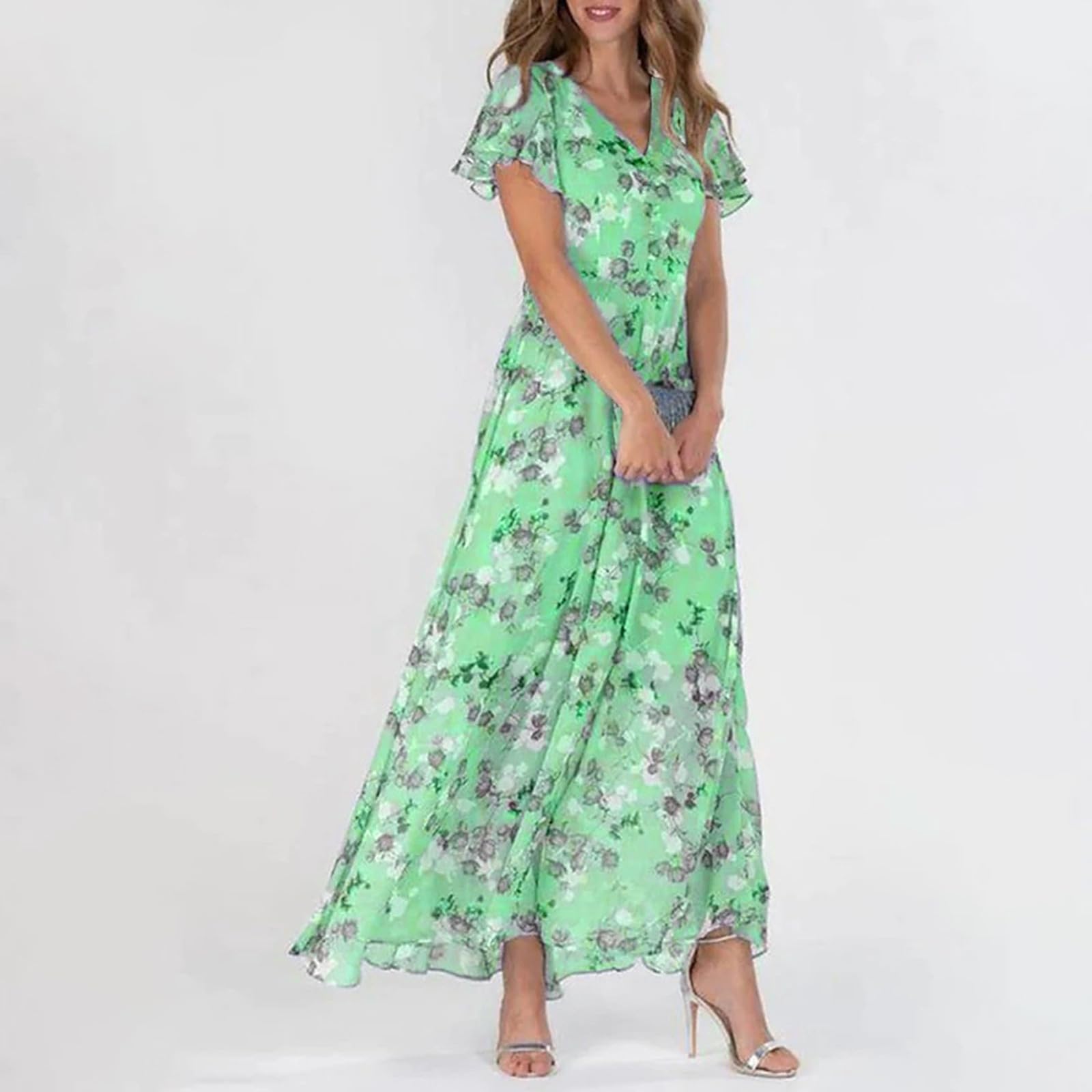 Vestidos de verano para mujer, estilo casual, de gasa, con vuelo, manga corta, con volantes, floral, cita, noche, cuello en V, a la moda, primavera, trabajo, cóctel, elegante, vestidos de verano para