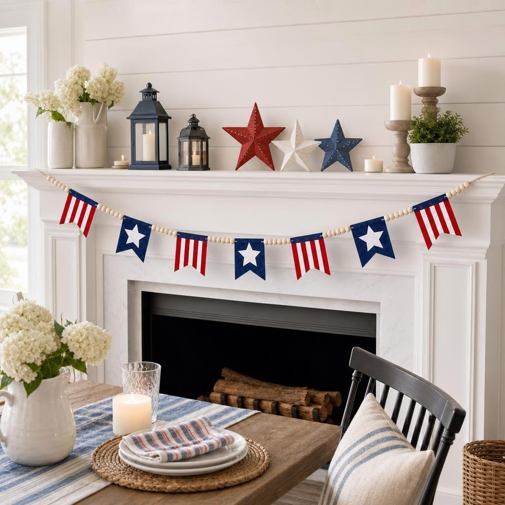 5.1FT 4th of July Patriotic Banner, Wooden Bead Red White Blue Garland with Stars and Stripes Pennants, 250th Anniversary Independence Day Decor for Mantel, Porch, Wall, Window and Party Table