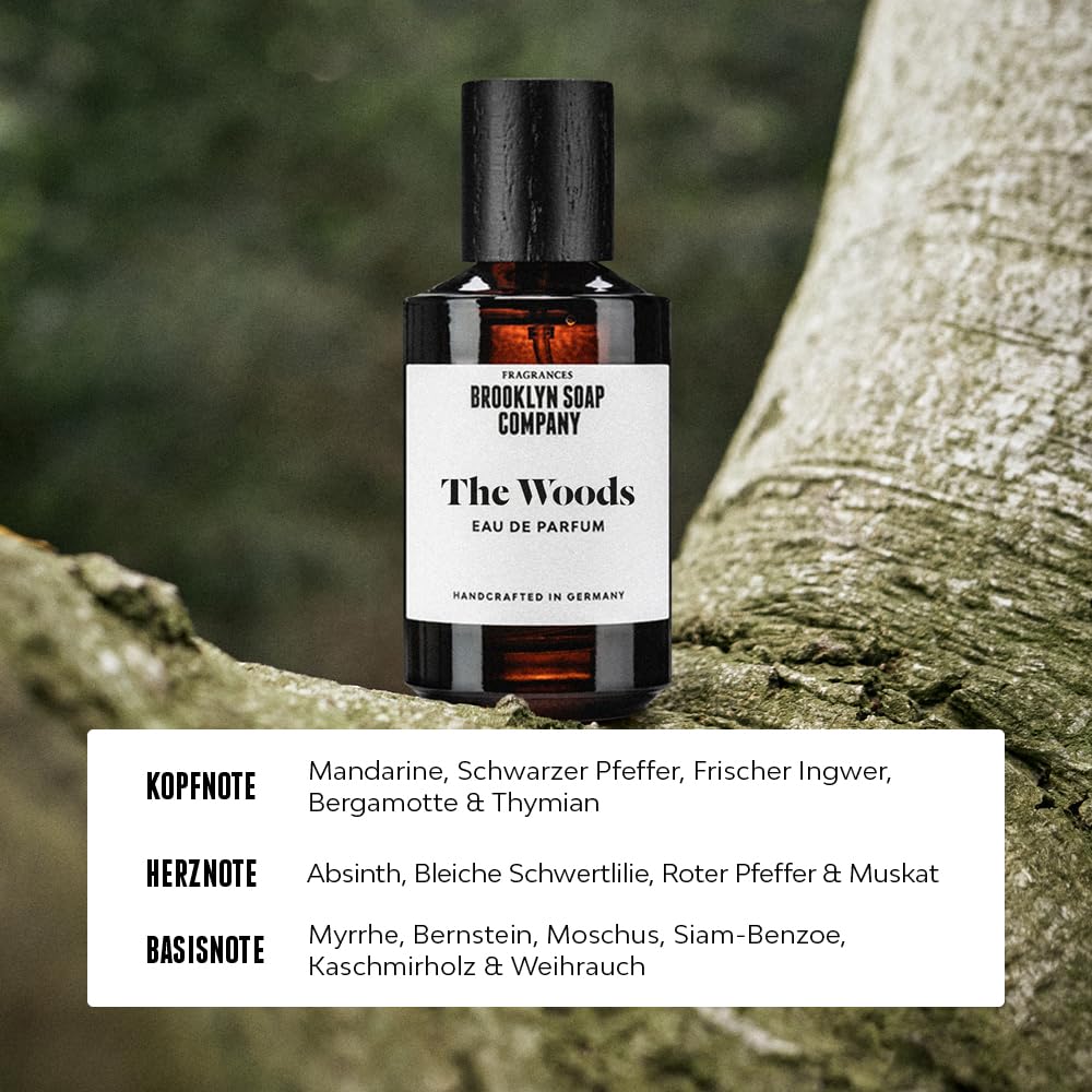 The Woods (50ml) · Brooklyn Soap Company · Elegant-holziges Eau de Parfum für Männer · Mit Kaschmirholz, Bergamotte, Pfeffer & Muskat · Langanhaltender Herrenduft