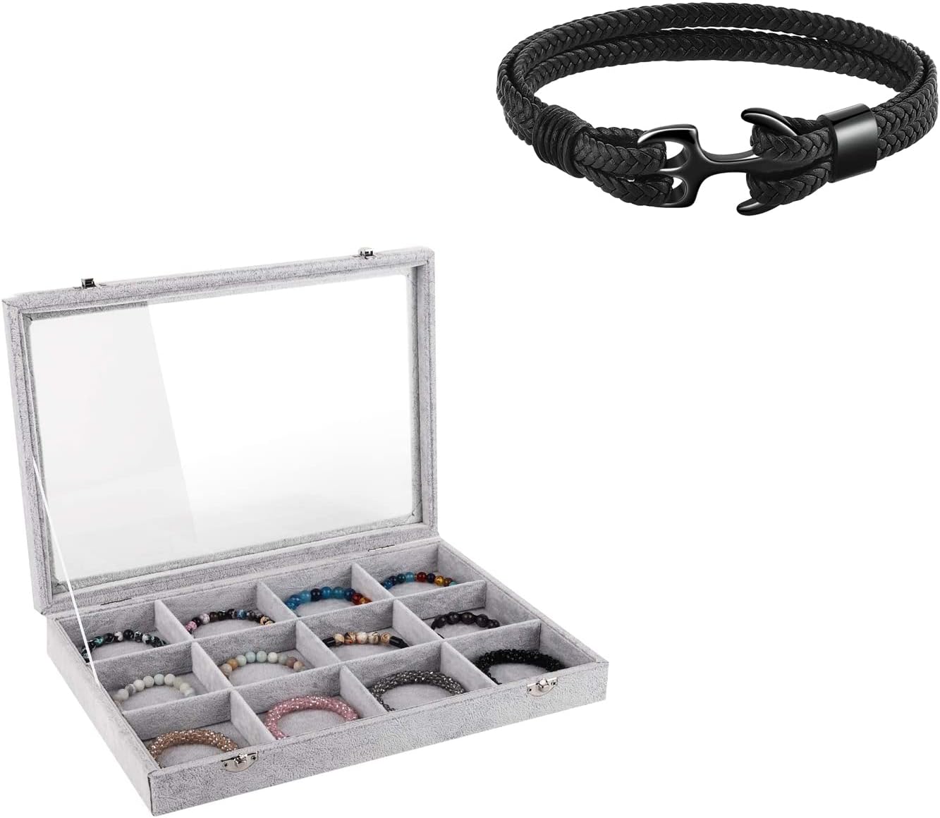 Clear Lid 12 Grids Jewelry Tray Storage Box + Anchor Leather Bracelet