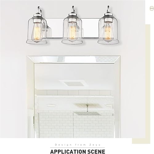 Miniatura 8 de zeyu ZSL72B-3W CH - Luces de tocador modernas de 3 luces para baño, 20.5 pulgadas, luces industriales de baño sobre espejo con pantalla de vidrio