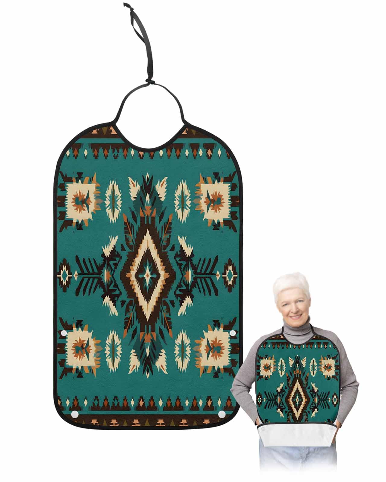 Onekaccu Teal Green Aztecs Adult Bibs for Elderly Women Men Washable Bibs for Eating, Southwest Geometric Brown Boho Ethnic Waterproof Clothing Protectors Adult Bibs with Crumb Catcher