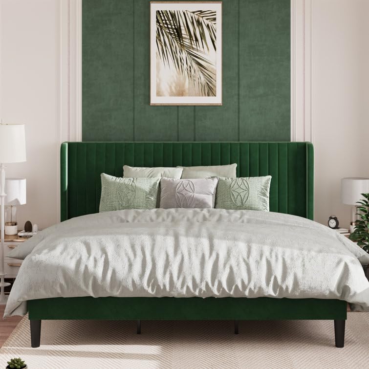 Image of HITHOS Solid Wood Modern Upholstered King Size Bed with Wingback Headboard | Wooden Double Bed Cot Palang Furture Without Storage (Regal Green) -1 Year Warranty