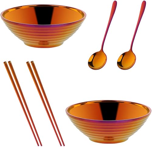 Buy THINGS! Buy THINGS - Tazón para sopa de fideos ramen, 2 juegos de doble capa de acero inoxidable 188 (8 pulgadas), con cuchara y palillos a