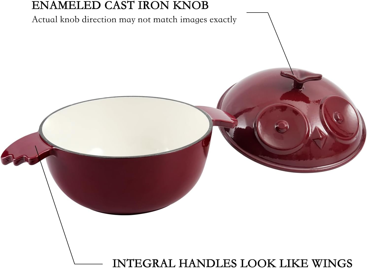 Flavehc Owl Shaped Cast Iron Dutch Oven with Lid 3 qt Enameled Dutch Oven for Bread Baking,DarkRed