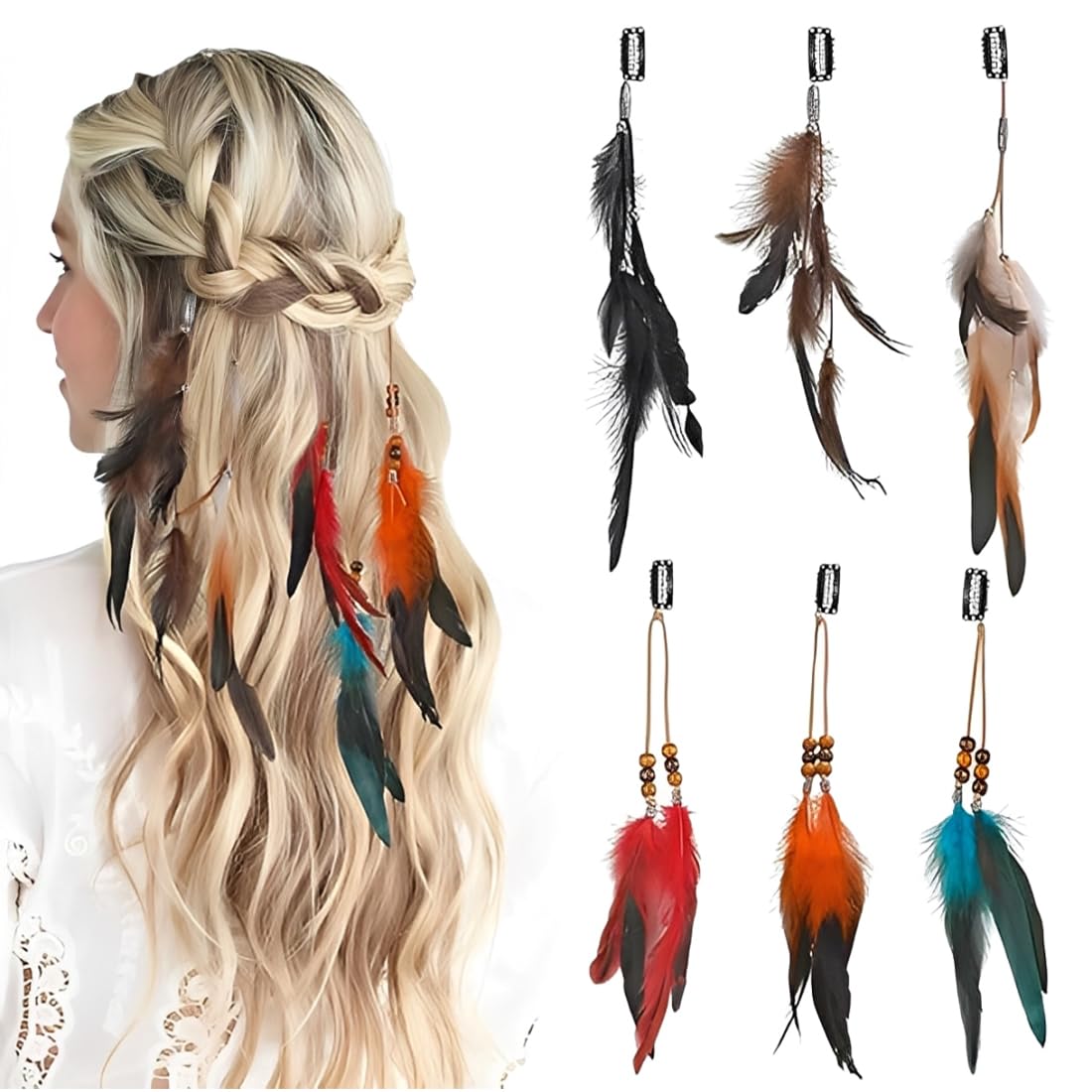 UZEXYO 6 PCS Boho Feather Hair Clips, Boho Hair Extensions DIY Accessories Hippie Hairpin Headdress for Women
