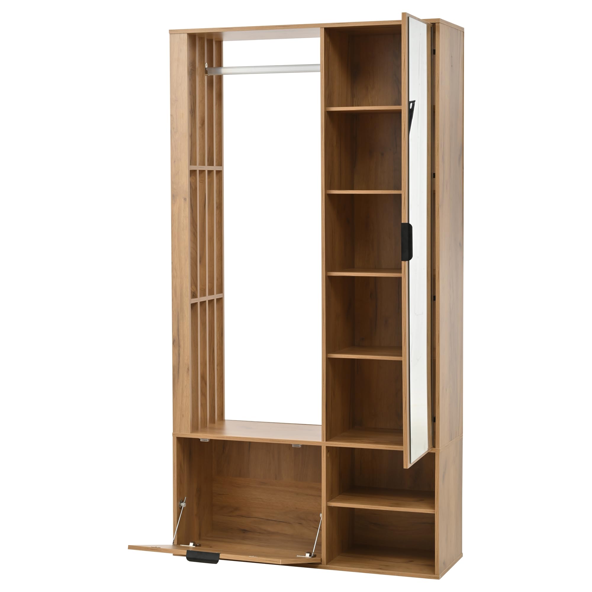 Garderobenschränke 100x33x190cm, 6-in-1-Eingangsschrank, zum Aufhängen von Mänteln, Flurschrank mit Wäscheständer & Spiegel, Schrank mit unterer Tür, Holzfarbe