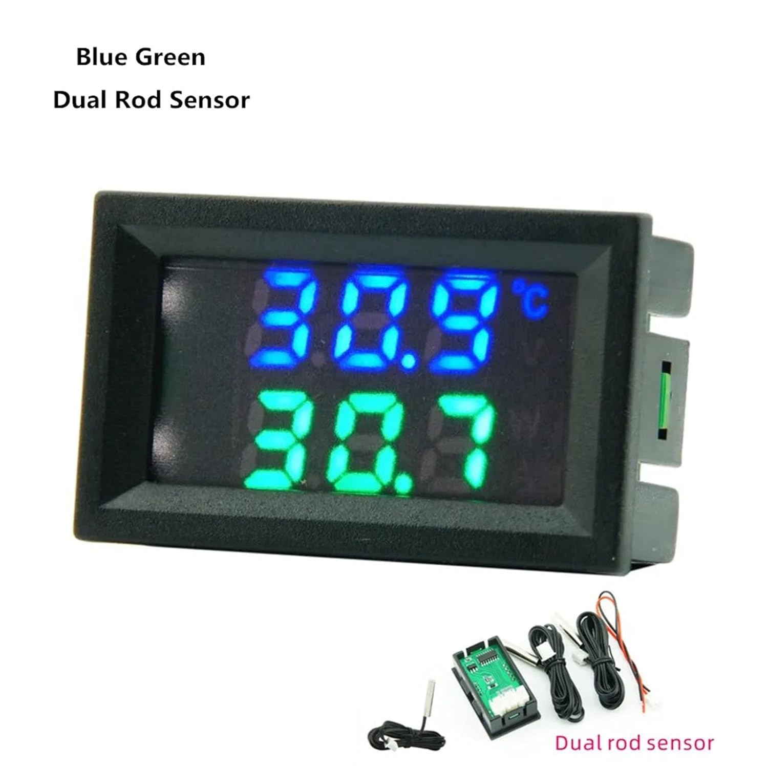 DC 4V-30V 0.56 Inch Mini LED Dual Display Digital Temperature Sensor W/NTC Waterproof Metal Probe Temperature Tester for Indoor(Blue Green Rod)