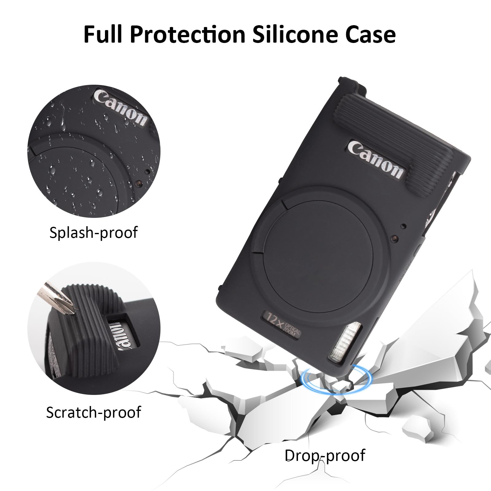 Rieibi Custodia per fotocamera Canon Canon IXUS 285 HS, accessori per fotocamera Canon IXUS 285 HS con 2 pellicole protettive per schermo e copriobiettivo staccabile, Leggero e pratico, Nero
