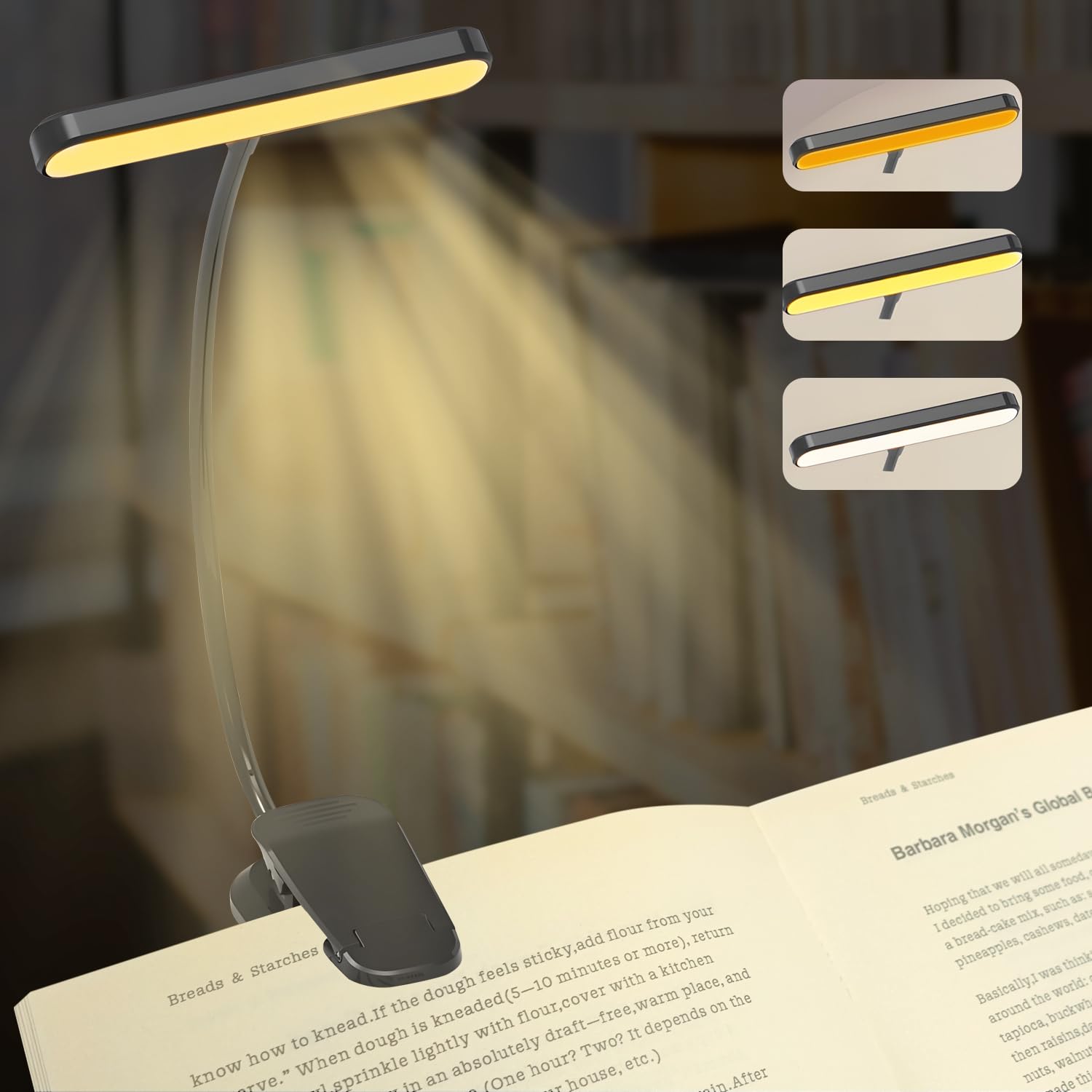 Qumox ‎Black 25 Led Rechargeable Book Light For Reading In Bed - Eye Caring 3 Color Temperatures, 5 Brightness, 5-50 Hrs Runtime Lightweight Clip On Light For Book Lovers, Reading, Studying