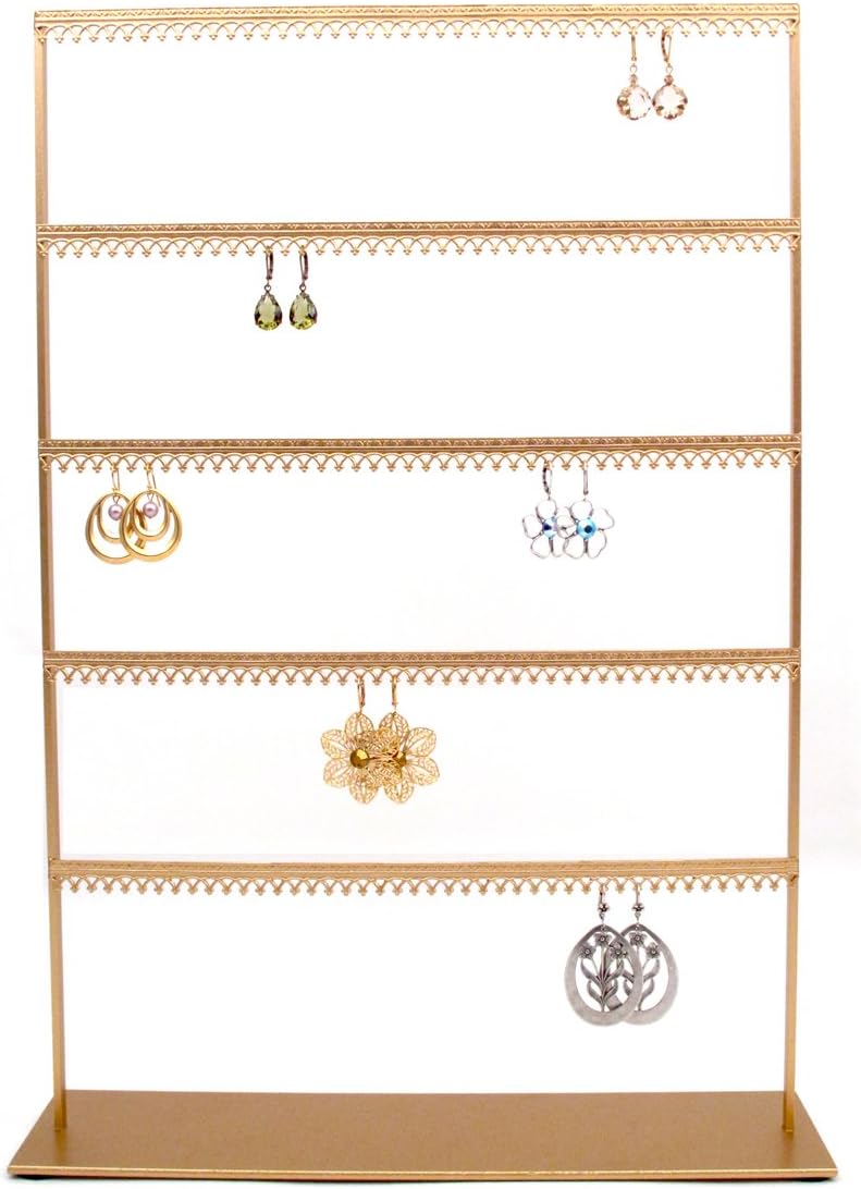wide 5 tier earring organizer stand with crown molding - Gold