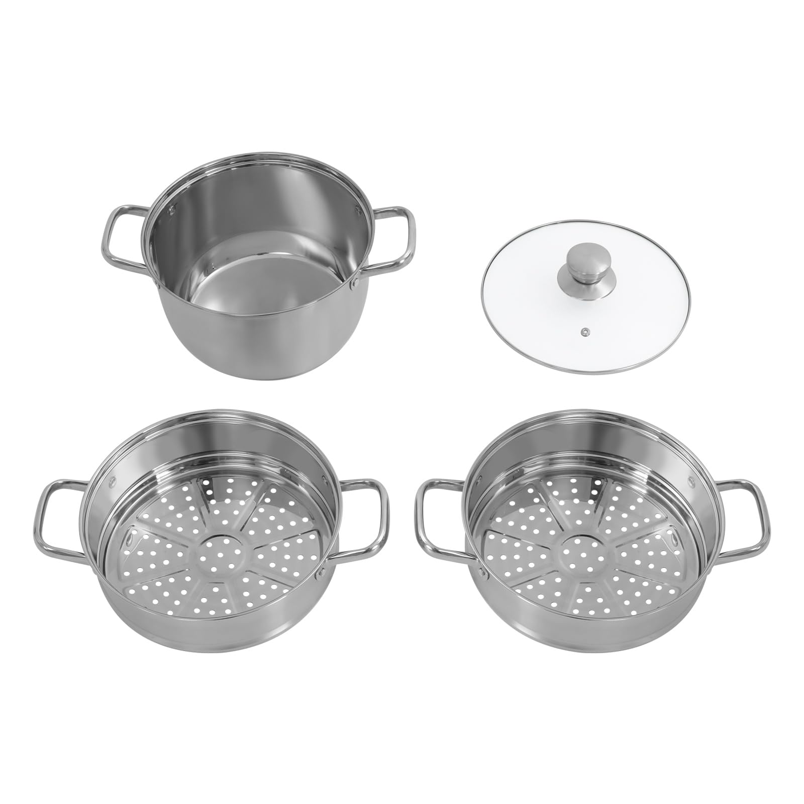 Gardampfkochtopf 3 Etagen Mantowarka Dampfkocher aus Edelstahl, 24cm Dampfgarer Topf Multifunktionale Dampfeinsätzen Kartoffeldämpfer Dampfgartopf Dampfgarer Kochtopf mit 2 Dämpfschalen