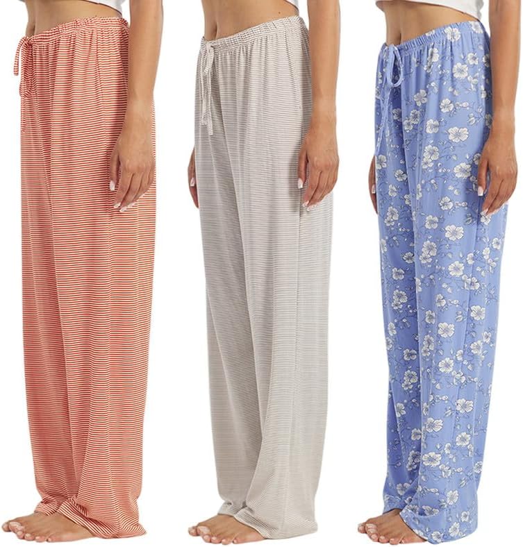 3-Pack Women’s Pajama Pants - Elastic Waist Drawstring Wide Leg Sleepwear Bottoms