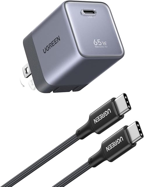 UGREEN Nexode Air 65W USB C Chargeur avec USB Câble C, poche ultra-compacte, pliable PD Bloc de recharge rapide, GaN Type C Chargeur mural compatible avec MacBook, iPhone 17, Galaxy S26, Pixel, Gris