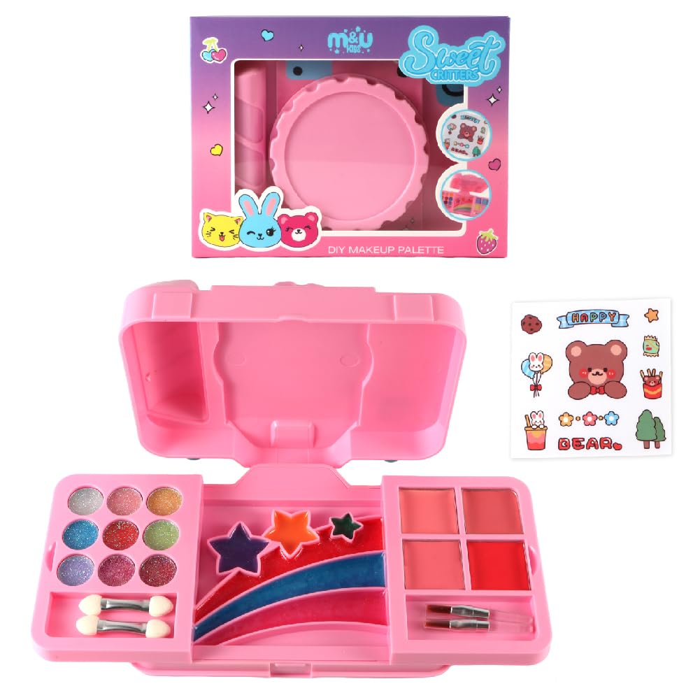 M&U MAKE YOU UP DIY Makeup Palette Camera Case - 14pc Lip Gloss Set for Girls Non Toxic Fruity Flavors, Happy Bear Design Makeup Kit, Party Favors & Birthday Gift for Teens